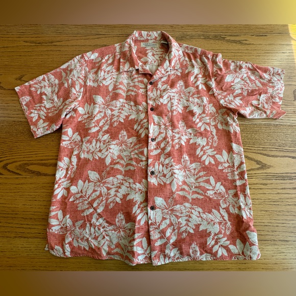 Island Republic Men’s‎ L Shirt Coral Hawaiian 100% Silk Leaf Pattern Tropical - Picture 2 of 8